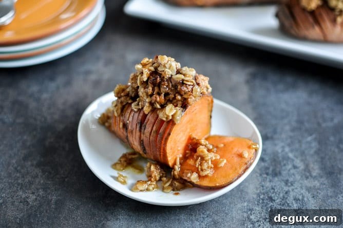 Cinnamon Sugar Hasselback Sweet Potatoes with Oatmeal Cookie Crumble Cinnamon Sugar Hasselback Sweet Potatoes with Oatmeal Cookie Crumble