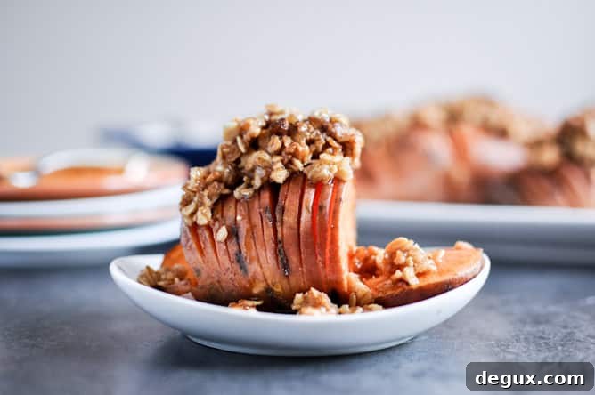 Cinnamon Sugar Hasselback Sweet Potatoes with Oatmeal Cookie Crumble Cinnamon Sugar Hasselback Sweet Potatoes with Oatmeal Cookie Crumble