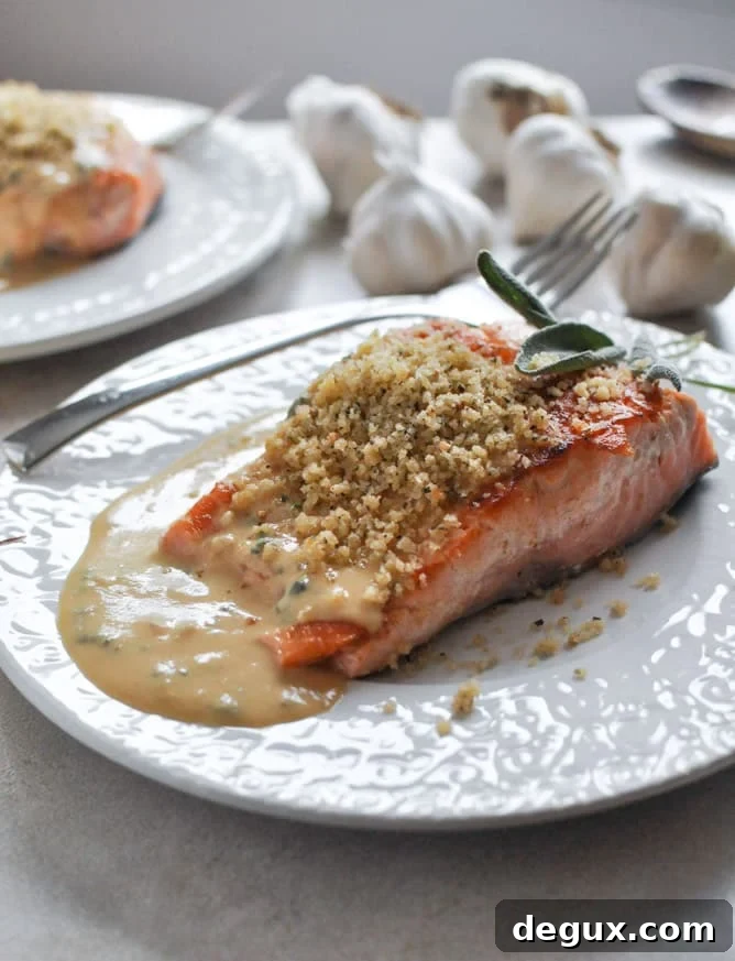 Pan-Crisped Salmon with Light Dijon Cream and Garlic Butter Breadcrumbs I howsweeteats.com Pan-Crisped Salmon with Light Dijon Cream and Garlic Butter Breadcrumbs I howsweeteats.com