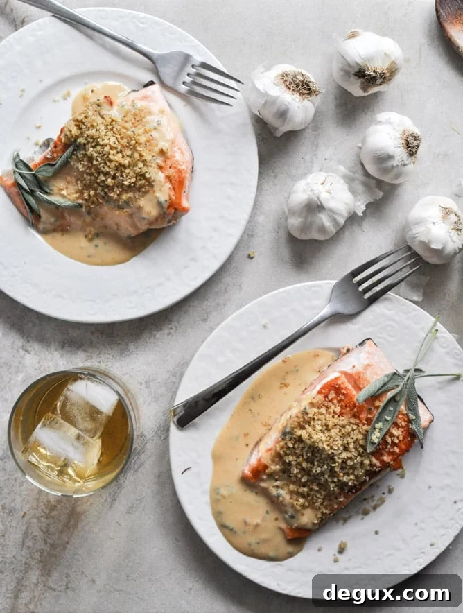 Pan-Crisped Salmon with Light Dijon Cream and Garlic Butter Breadcrumbs I howsweeteats.com Pan-Crisped Salmon with Light Dijon Cream and Garlic Butter Breadcrumbs I howsweeteats.com