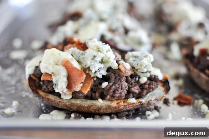 Bacon Blue Cheeseburger Potato Skins I howsweeteats.com Bacon Blue Cheeseburger Potato Skins I howsweeteats.com