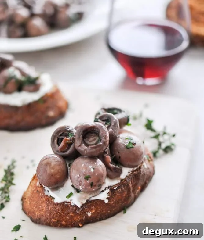 Red Wine Roasted Mushrooms on Goat Cheese Garlic Toasts I howsweeteats.com