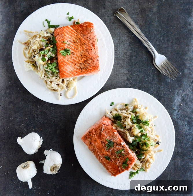Broiled Salmon and Roasted Garlic Cream Noodles with Crispy Cauliflower + Toasted Pine Nuts Broiled Salmon and Roasted Garlic Cream Noodles with Crispy Cauliflower + Toasted Pine Nuts