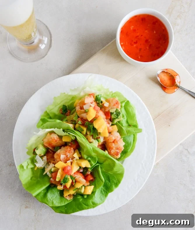 Beer Battered Shrimp Lettuce Wraps with Mango Avocado Salsa I howsweeteats.com
