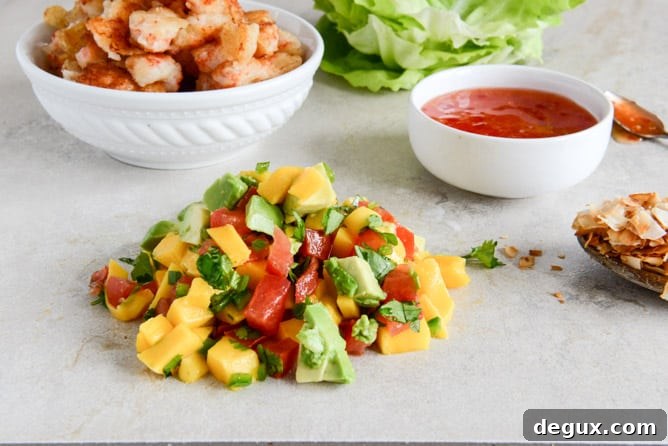 Beer Battered Shrimp Lettuce Wraps with Mango Avocado Salsa I howsweeteats.com