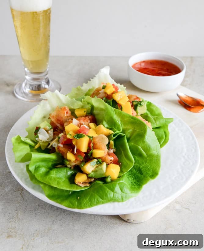 Beer Battered Shrimp Lettuce Wraps with Mango Avocado Salsa I howsweeteats.com