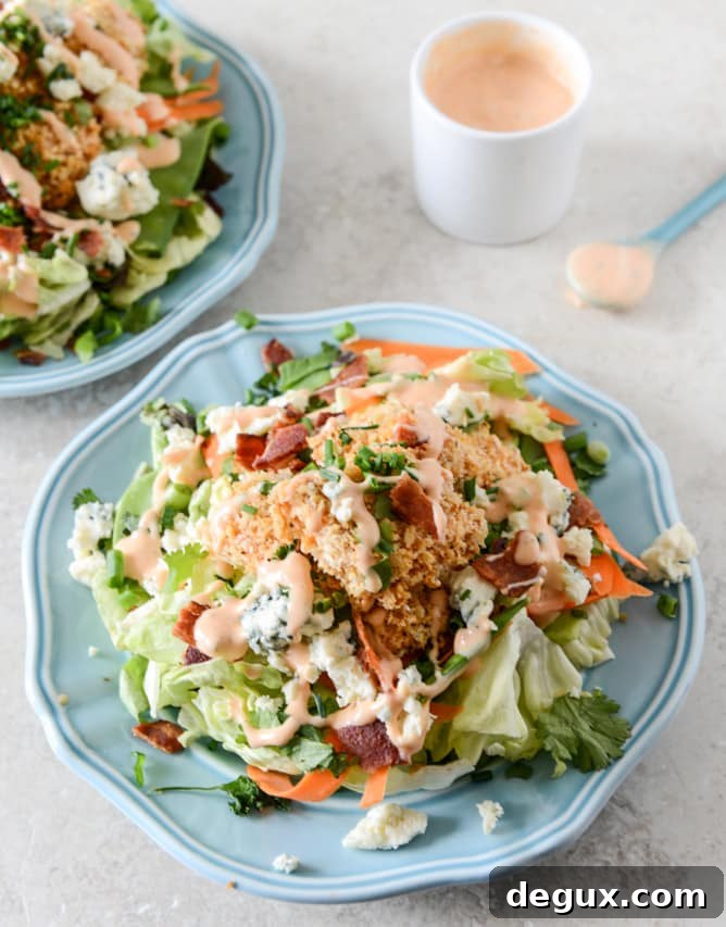 Crunchy Buffalo Chicken Salads with Bacon and Spicy Ranch I howsweeteats.com Crunchy Buffalo Chicken Salads with Bacon and Spicy Ranch I howsweeteats.com