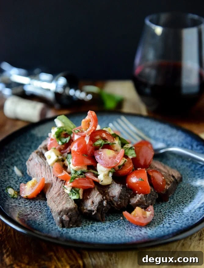 Red Wine Marinated Flank Steak with Cherry Tomato Caprese Salsa I howsweeteats.com