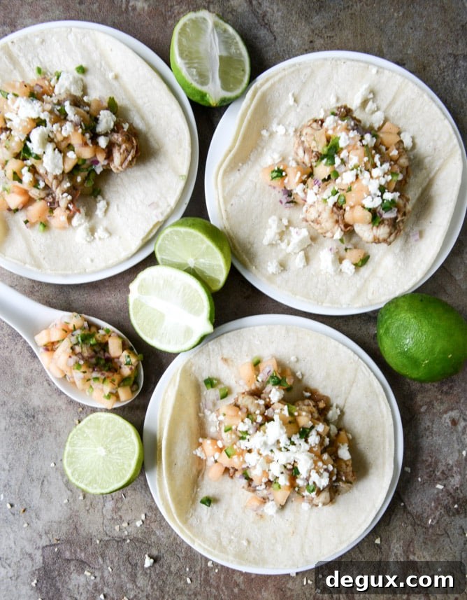 Jerk Shrimp Tacos with Spicy Melon Salsa I howsweeteats.com