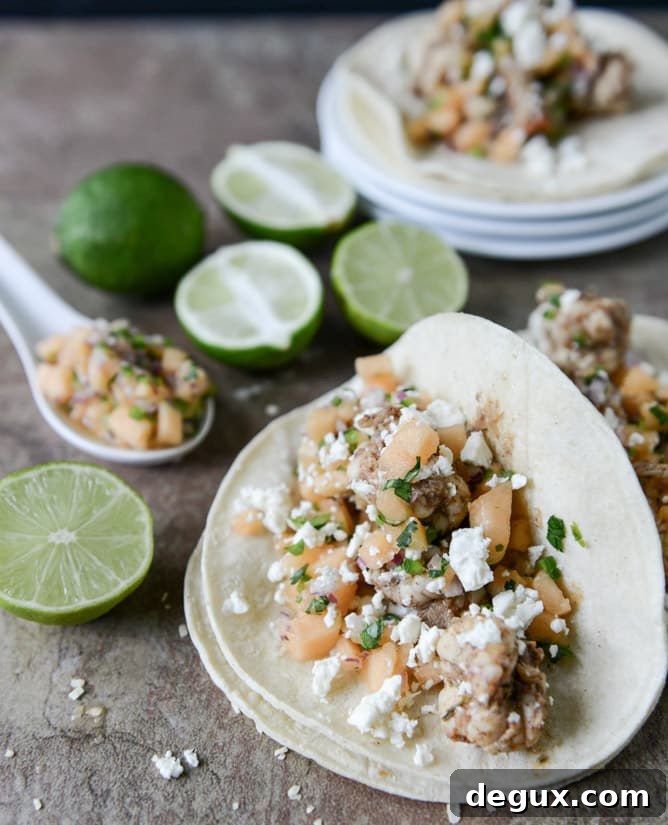 Jerk Shrimp Tacos with Spicy Melon Salsa I howsweeteats.com