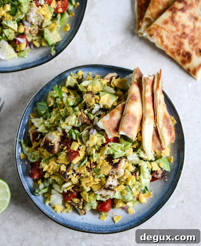 Chopped Chicken Taco Salads with Cheese Quesadilla Strips I howsweeteats.com