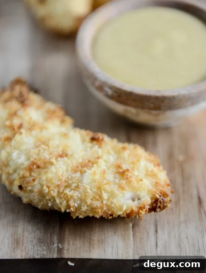 Crunchy Coconut Chicken Fingers with Peach Honey Mustard I howsweeteats.com