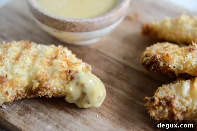 Crunchy Coconut Chicken Fingers with Peach Honey Mustard I howsweeteats.com