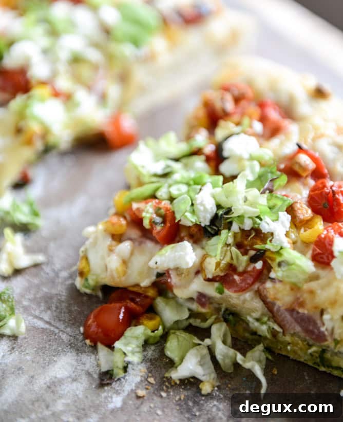 BLT Pizza with Grilled Corn + Crumbled Feta