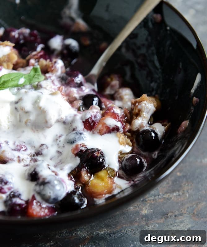 Fresh Peach, Blueberry + Basil Crisp I howsweeteats.com