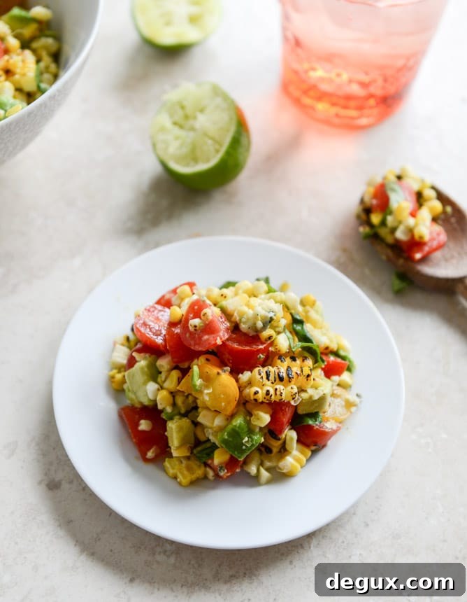 Easy Grilled Corn Tomato Salad with Blue Cheese and Basil Ribbons
