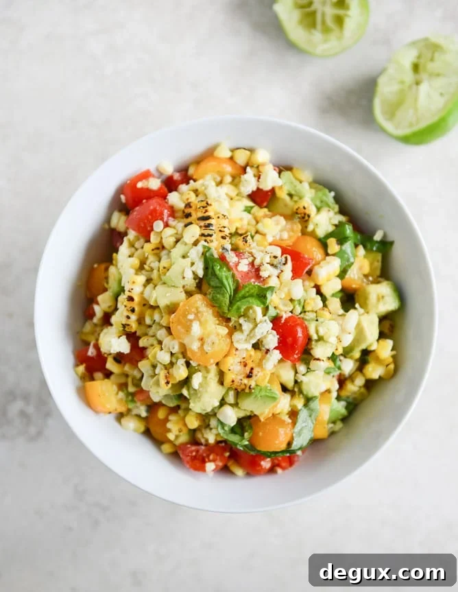 Easy Grilled Corn Tomato Salad with Blue Cheese and Basil Ribbons