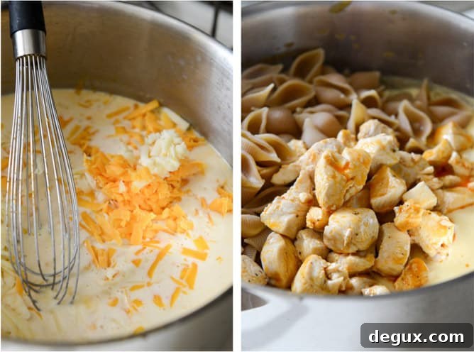 Stovetop Buffalo Chicken Shells + Cheese I howsweeteats.com