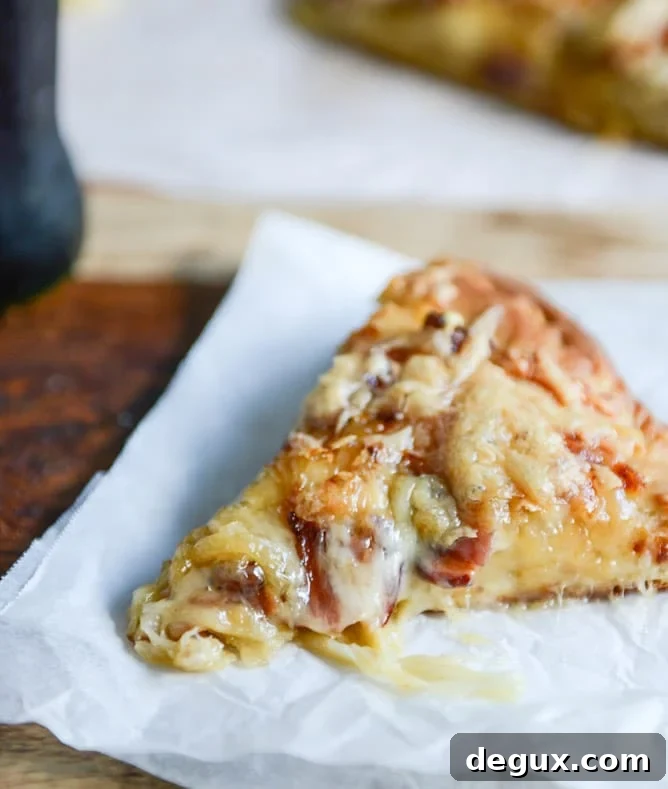 Caramelized Onion, Gruyere + Pepper Bacon Whole Wheat Pizza I howsweeteats.com