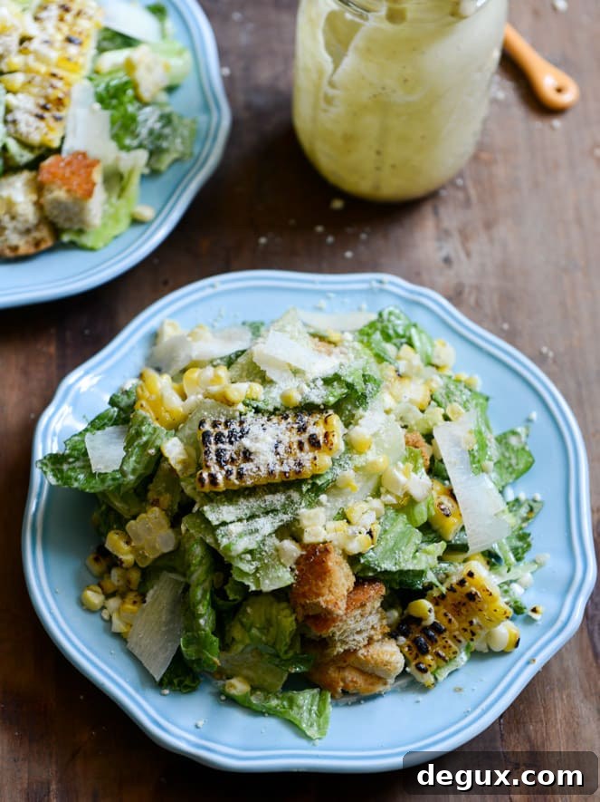 Roasted Corn Caesar Salads with Parmesan Greek Yogurt Caesar Dressing I howsweeteats.com