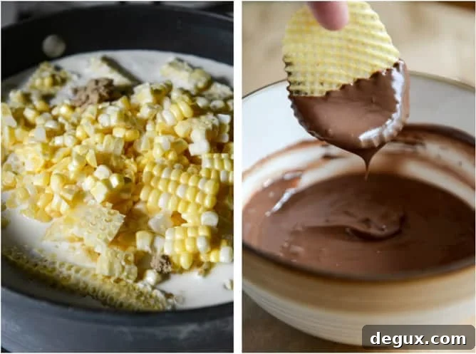 Sweet Corn Ice Cream with a Salted Caramel Swirl + Chocolate Covered Potato Chips