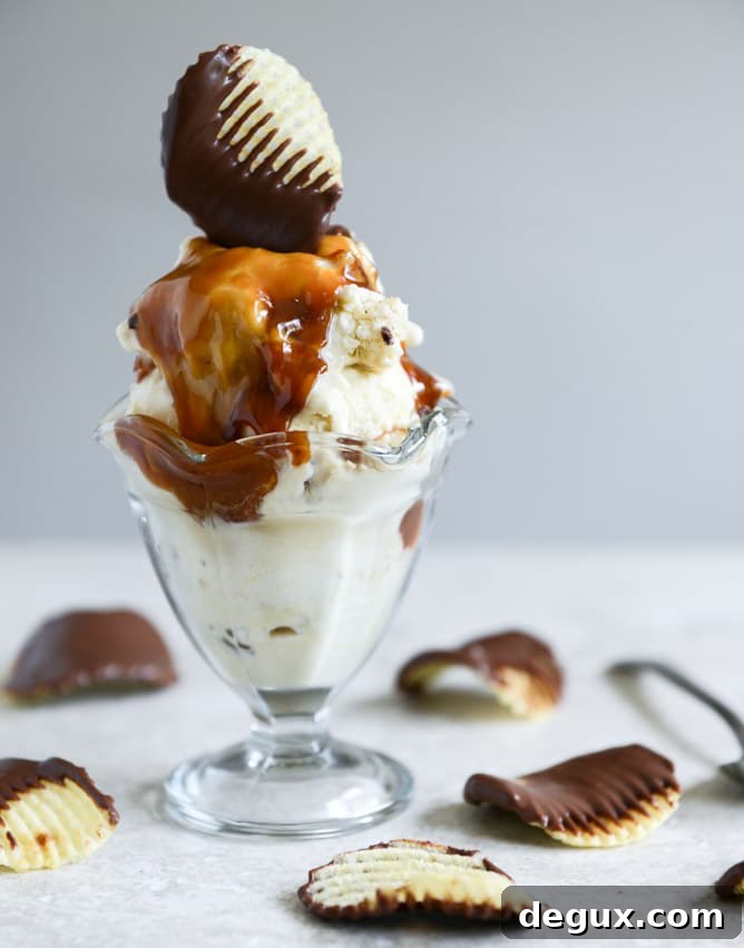 Sweet Corn Ice Cream with a Salted Caramel Swirl + Chocolate Covered Potato Chips
