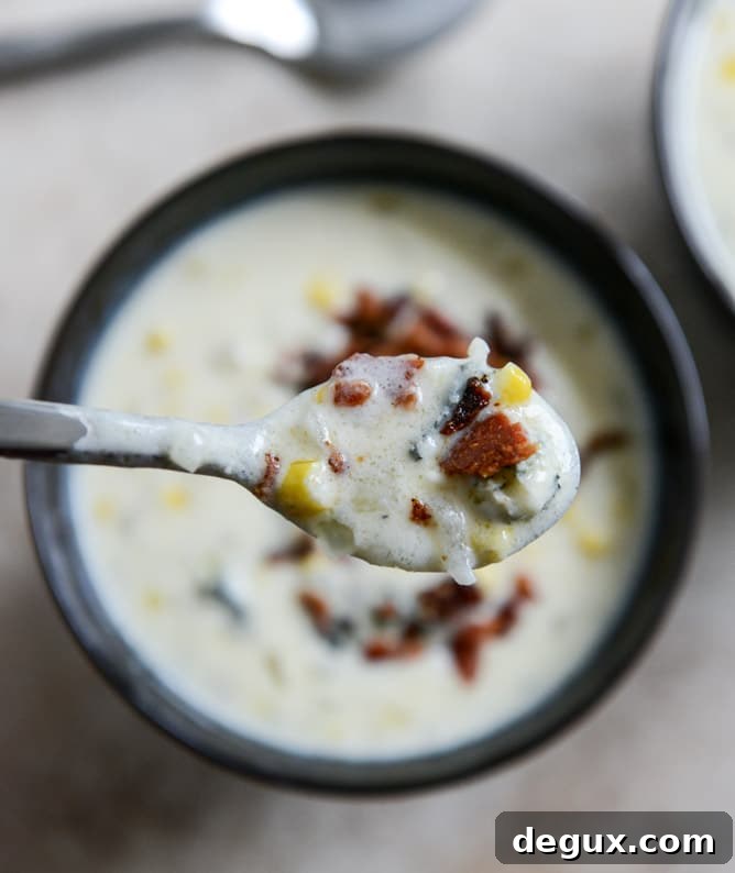 Cheesy Corn Chowder with Bacon + Gorgonzola I howsweeteats.com Cheesy Corn Chowder with Bacon + Gorgonzola I howsweeteats.com