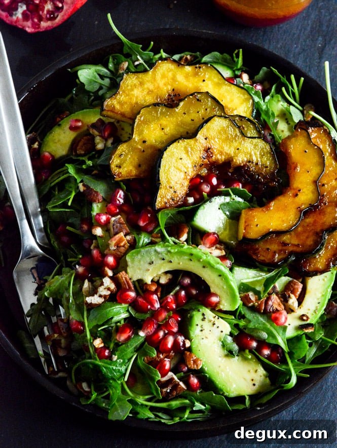 Autumn Arugula Salad with Caramelized Squash, Spiced Pecans and Pomegranate Ginger Vinaigrette Autumn Arugula Salad with Caramelized Squash, Spiced Pecans and Pomegranate Ginger Vinaigrette