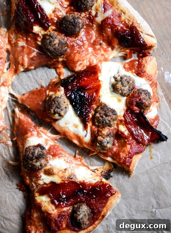 Mini Meatball Pizza with Fresh Mozzarella + Roasted Red Peppers I howsweeteats.com Mini Meatball Pizza with Fresh Mozzarella + Roasted Red Peppers I howsweeteats.com