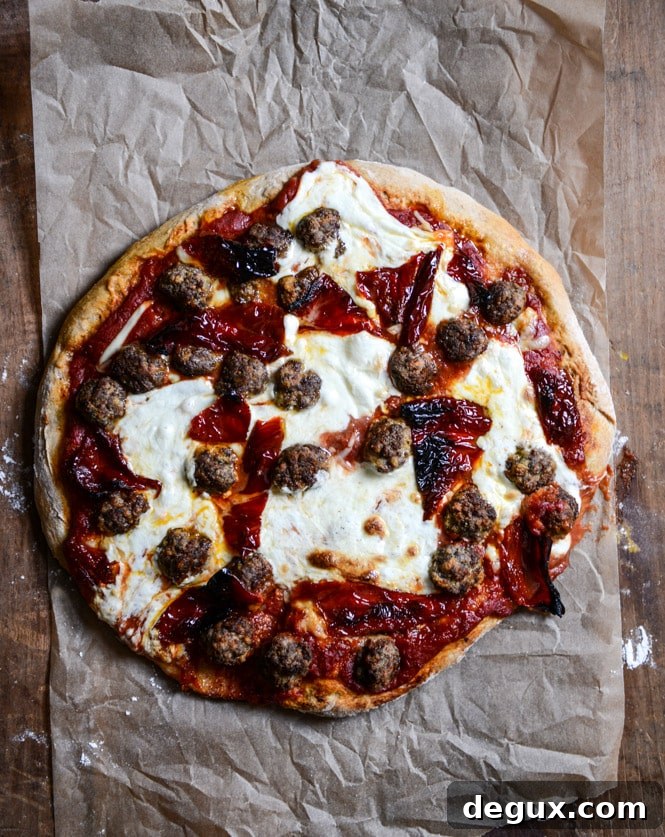 Mini Meatball Pizza with Fresh Mozzarella + Roasted Red Peppers I howsweeteats.com Mini Meatball Pizza with Fresh Mozzarella + Roasted Red Peppers I howsweeteats.com