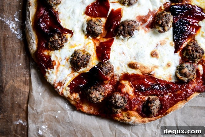 Mini Meatball Pizza with Fresh Mozzarella + Roasted Red Peppers I howsweeteats.com Mini Meatball Pizza with Fresh Mozzarella + Roasted Red Peppers I howsweeteats.com
