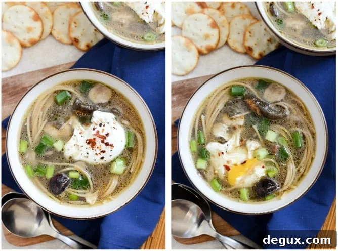 Chicken + Mushroom Noodle Soup with Poached Eggs I howsweeteats.com Chicken + Mushroom Noodle Soup with Poached Eggs I howsweeteats.com