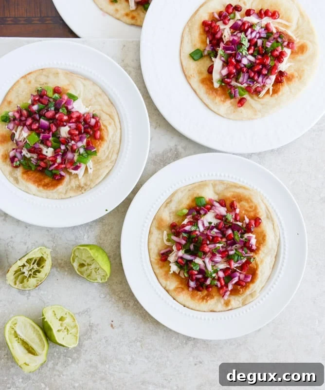 Honey Ginger Chicken Tostadas with Pomegranate Salsa