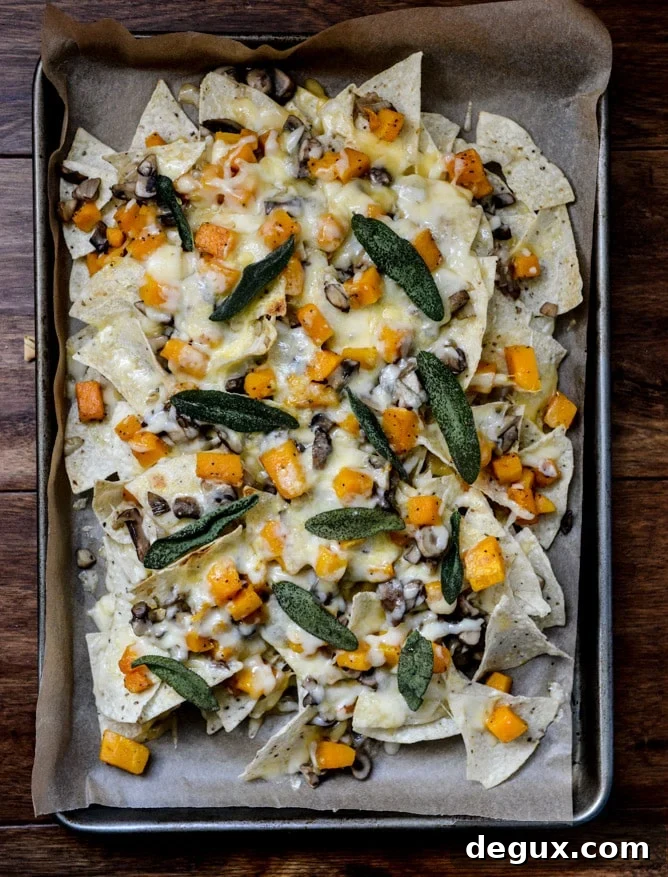 Spiced Butternut Squash, Garlic Butter Mushroom and Fontina Nachos with Crispy Sage I howsweeteats.com
