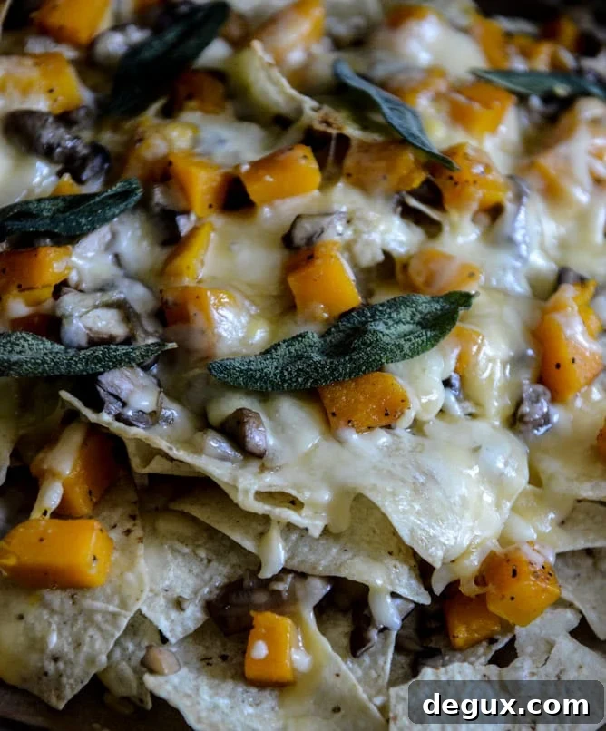 Spiced Butternut Squash, Garlic Butter Mushroom and Fontina Nachos with Crispy Sage I howsweeteats.com