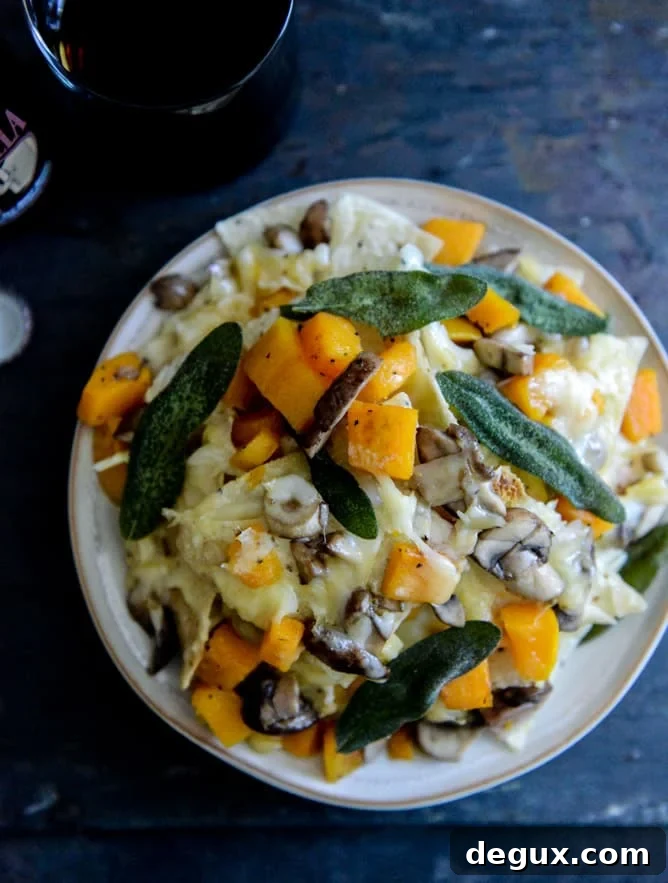 Spiced Butternut Squash, Garlic Butter Mushroom and Fontina Nachos with Crispy Sage I howsweeteats.com