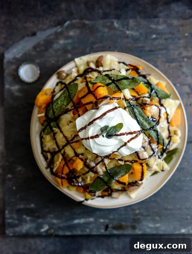 Spiced Butternut Squash, Garlic Butter Mushroom and Fontina Nachos with Crispy Sage I howsweeteats.com