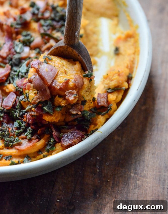 bacon bourbon whipped sweet potatoes with brown butter and crispy sage I howsweeteats.com bacon bourbon whipped sweet potatoes with brown butter and crispy sage I howsweeteats.com