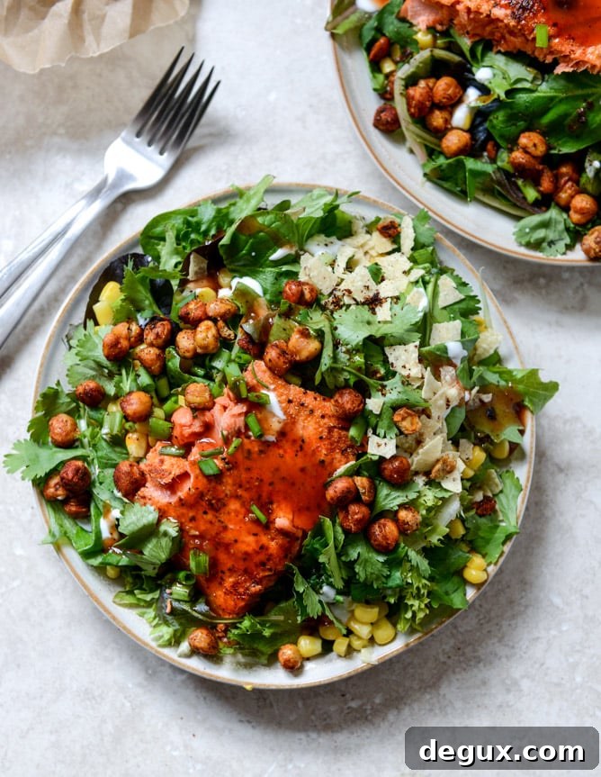 BBQ Salmon and Crispy Chickpea Salads with Greek Yogurt Ranch Drizzle