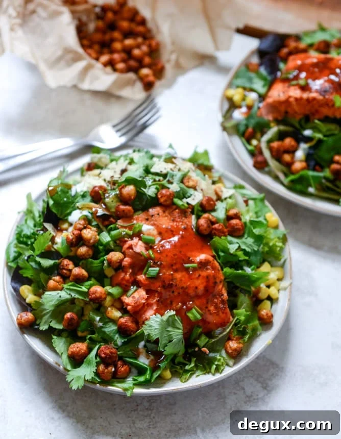 BBQ Salmon and Crispy Chickpea Salads with Greek Yogurt Ranch Drizzle