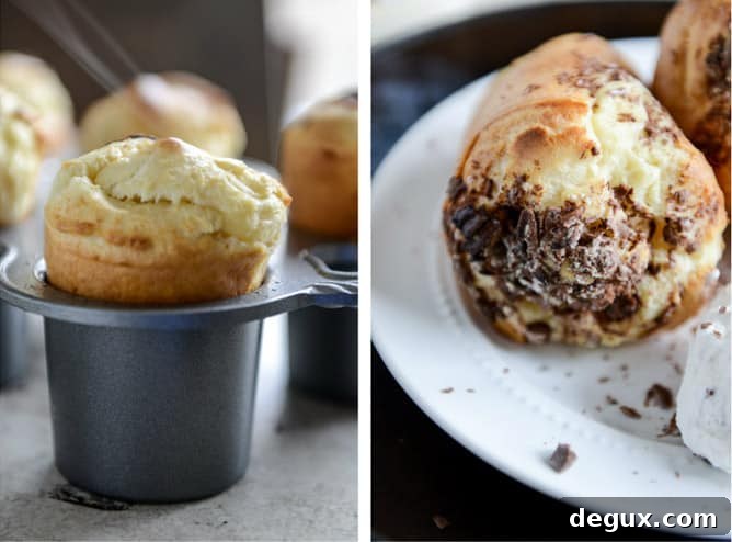 Dark Chocolate Chunk Popovers with Spiked Vanilla Bourbon Whipped Cream I howsweeteats.com Dark Chocolate Chunk Popovers with Spiked Vanilla Bourbon Whipped Cream I howsweeteats.com