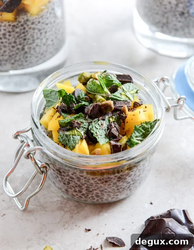 Vanilla Bean Chia Pudding with Fresh Mint, Mango, Pistachios + Dark Chocolate I howsweeteats.com