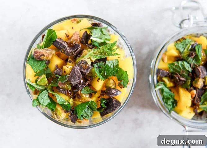 Vanilla Bean Chia Pudding with Fresh Mint, Mango, Pistachios + Dark Chocolate I howsweeteats.com