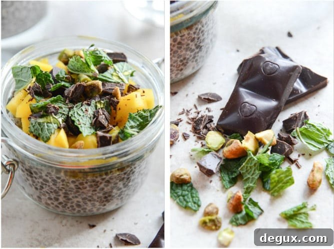 Vanilla Bean Chia Pudding with Fresh Mint, Mango, Pistachios + Dark Chocolate I howsweeteats.com