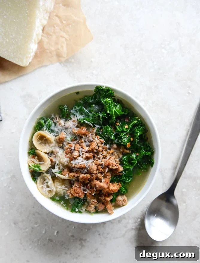 Spicy Sausage, Kale and Whole Wheat Orecchiette Soup I howsweeteats.com