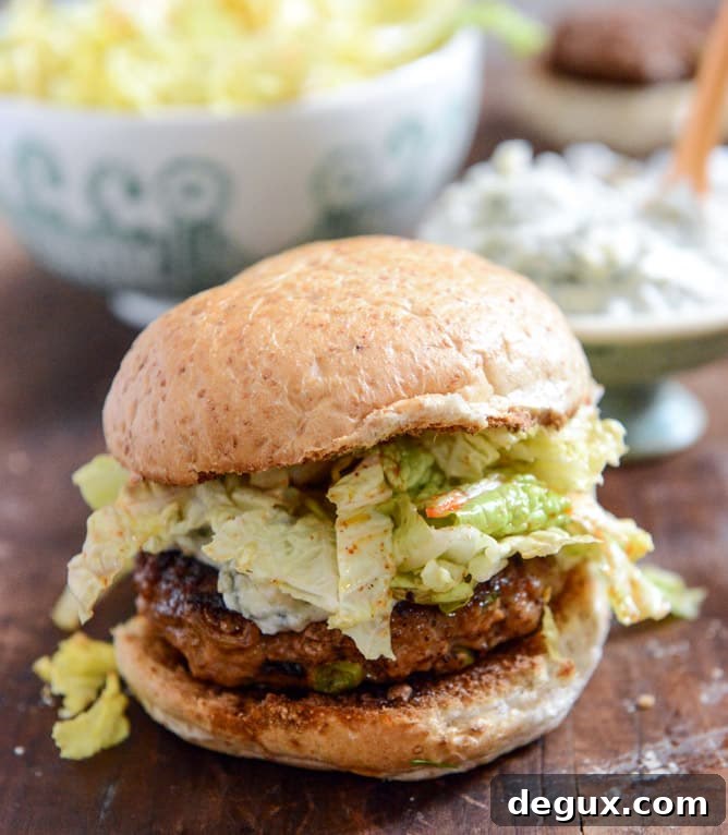 Turkey Burgers with Creamy Gorgonzola and Chili Garlic Slaw I howsweeteats.com