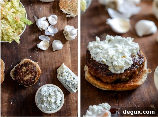 Turkey Burgers with Creamy Gorgonzola and Chili Garlic Slaw I howsweeteats.com