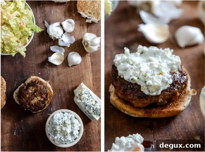 Turkey Burgers with Creamy Gorgonzola and Chili Garlic Slaw