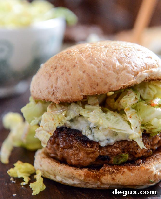 Turkey Burgers with Creamy Gorgonzola and Chili Garlic Slaw I howsweeteats.com