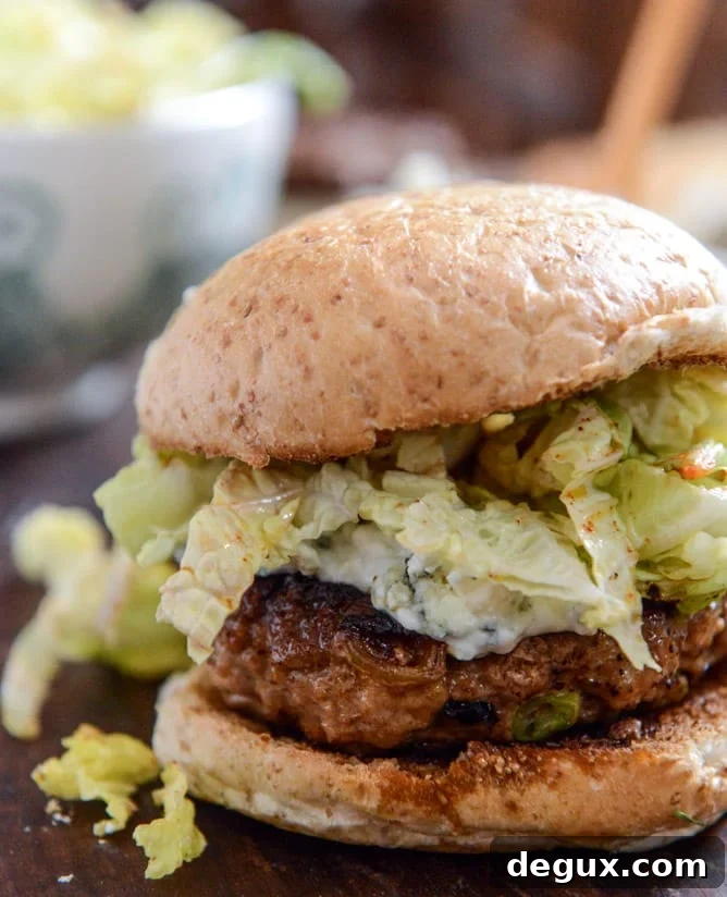 Turkey Burgers with Creamy Gorgonzola and Chili Garlic Slaw